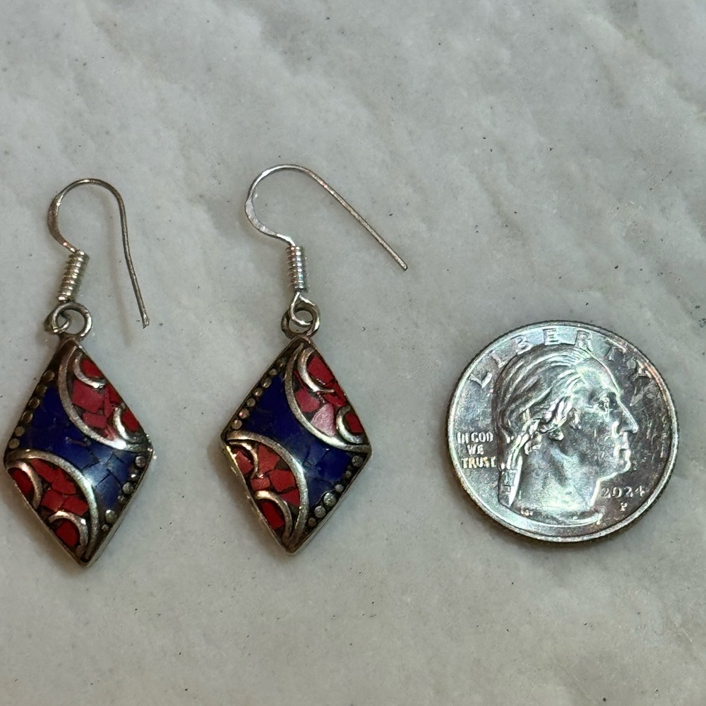 Handcrafted Red Coral & Blue Lapis Earrings - Picture 4 of 6
